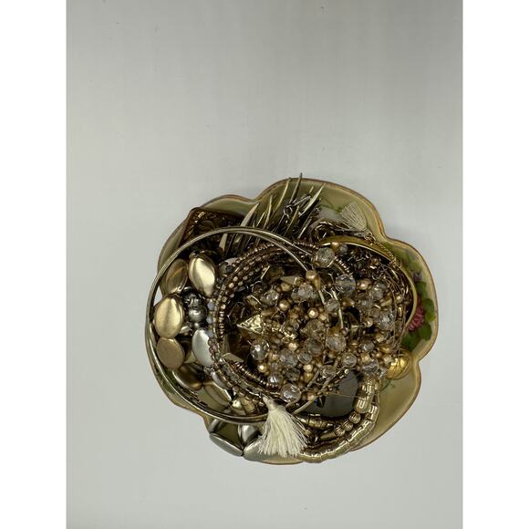 Vintage Gold Tone Jewelry Mystery Jewelry Jar in Vintage Nippon Nut Bowl - Picture 2 of 6